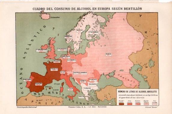 LAMINA V50462: Mapa consumo de alcohol en Europa según Bertillon