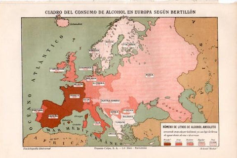 LAMINA V50462: Mapa consumo de alcohol en Europa según Bertillon