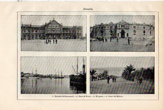 LAMINA V50634: Estacion ferrocarril, plaza de toros, puerto y Paseo en Almeria