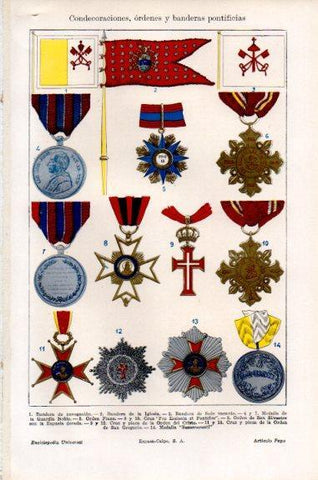 LAMINA V51201: Condecoraciones, ordenes y banderas pontificias