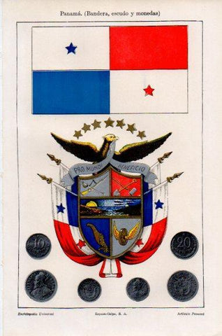 LAMINA V51161: Bandera, escudo y monedas de Panama
