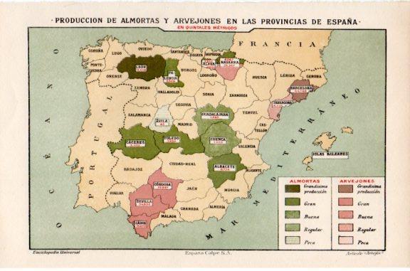 LAMINA V51312: Mapa de España produccion de almortas y arvejones por provincias