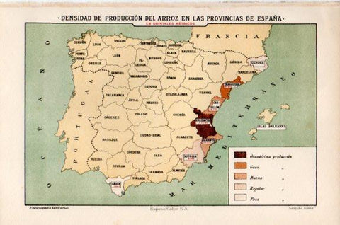 LAMINA V51293: Mapa de España produccion de arroz por provincias