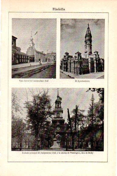 LAMINA V51628: Independence Hall, estatua de Washington y Ayuntamiento de Filadelfia