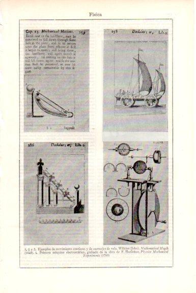 LAMINA V51669: Fisica, ejemplos movimiento continuo y de carruajes de vela