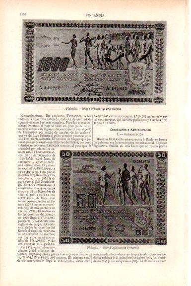 LAMINA V51663: Billetes de Banco de Finlandia 50 y 1000 markha