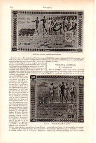 LAMINA V51663: Billetes de Banco de Finlandia 50 y 1000 markha