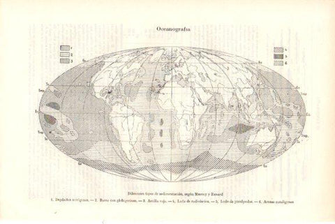 LAMINA V51769: Oceonografia, mapa del mundo de diferentes tipos de sedimentacion
