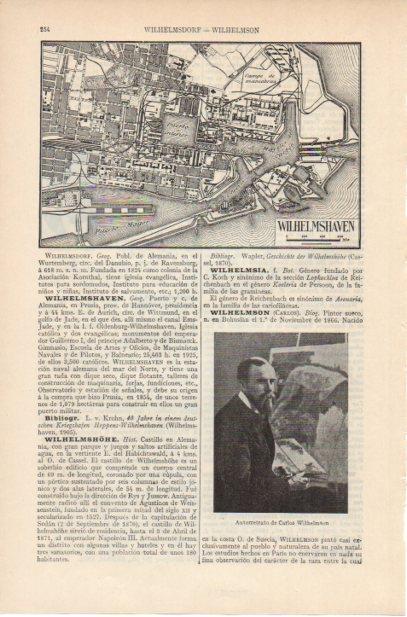 LAMINA ESPASA PV50904: Autorretrato de Wilhelmson y mapa de Wilhelmshaven 