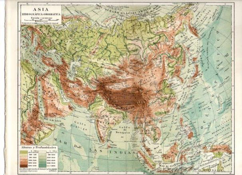 LAMINA ESPASA PV50957: Entrada mapa de Asia hidrografia y orografia