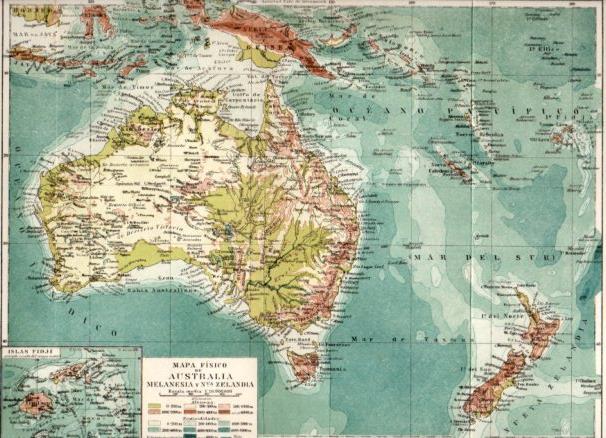 LAMINA ESPASA PV50953: Mapa físico de Australia, Melanesia y Nueva Zelanda