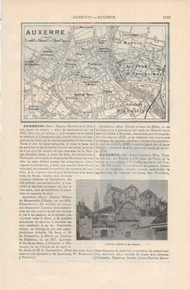 LAMINA ESPASA PV50554: Iglesia y mapa de Auxerre, Francia