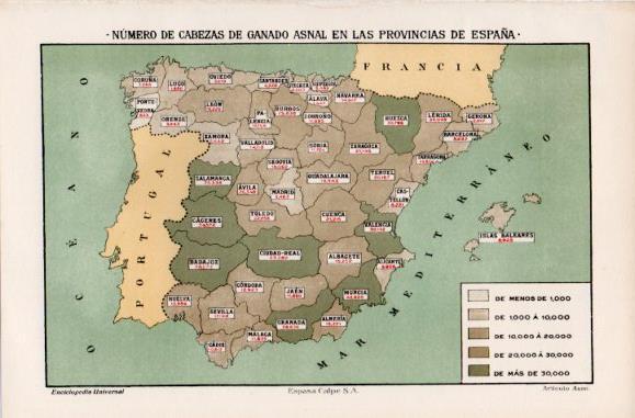 LAMINA ESPASA PV50498: Número de cabezas de ganado asnal en las provincias de España