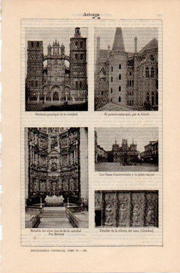 LAMINA ESPASA PV50482: Catedral, Palacio episcopal y plaza mayor Astorga