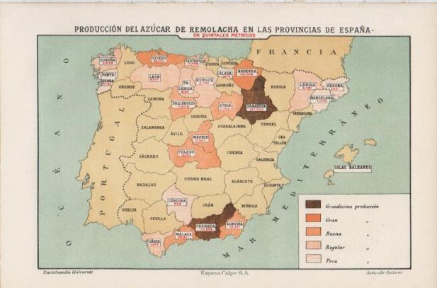 LAMINA ESPASA PV50591: Mapa de España produccion del azucar de remolacha