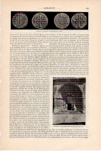 LAMINA ESPASA V52193: Monedas y portada iglesia de Agramunt