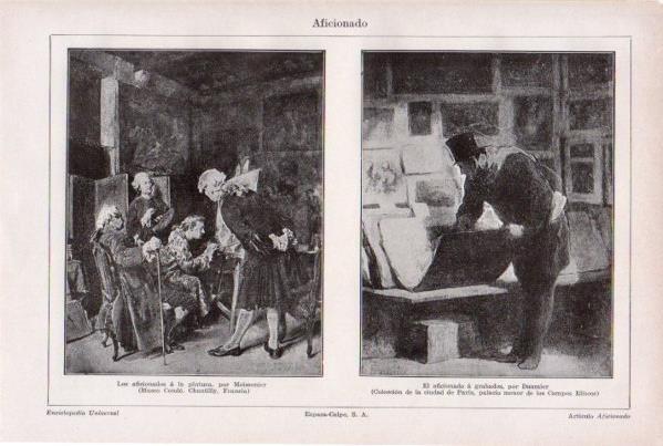 LAMINA ESPASA V52311: Aficionados a la pintura por Meissonier y Aficionado a grabados por Daumier