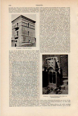 LAMINA ESPASA V51975: Torre de la Zuda y facistol del papa Luna en Zaragoza
