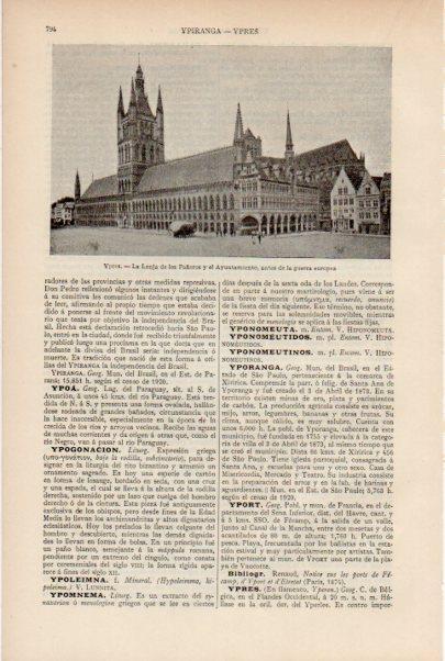 LAMINA ESPASA V51927: Lonja de los Pañeros y Ayuntamiento en Ypres, Belgica