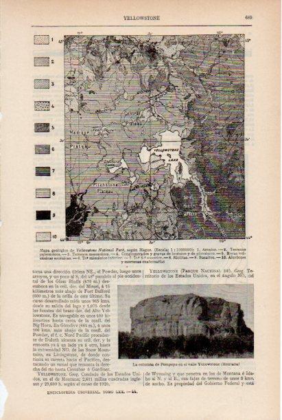 LAMINA ESPASA V51912: Mapa geologico del Yellowstone, Estados Unidos