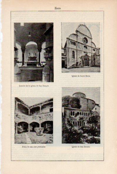 LAMINA ESPASA V51987: Iglesias de San Donato, Santa Maria y patio de casa particular en Zara, Italia