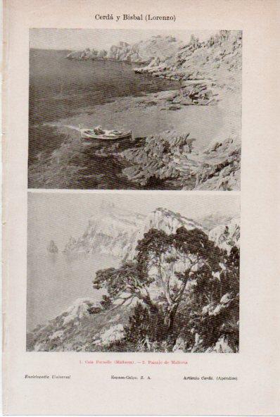 LAMINA ESPASA V52057: Cala Fornells y Paisaje de Mallorca por L. Cerda y Bisbal
