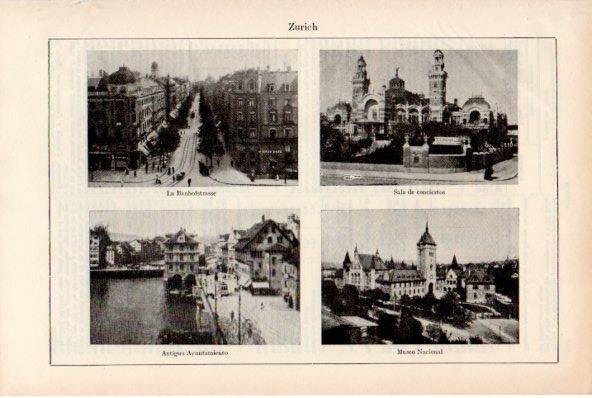 LAMINA ESPASA V52051: Banjohfstrasse, sala de conciertos, Ayuntamiento y Museo Nacional de Zurich