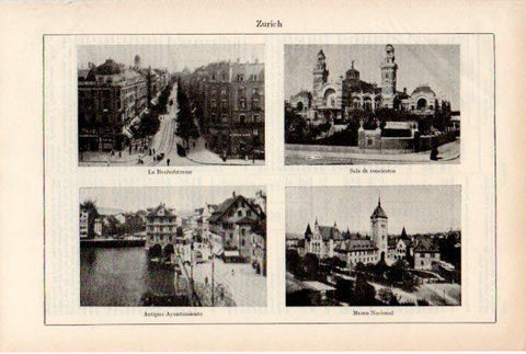 LAMINA ESPASA V52051: Banjohfstrasse, sala de conciertos, Ayuntamiento y Museo Nacional de Zurich