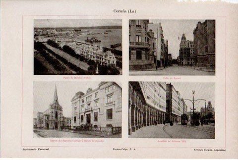 LAMINA ESPASA V52083: Calle del Ferrol, Avenida Alfonso XIII y Paseo de Mendez Nuñez en La Coruña