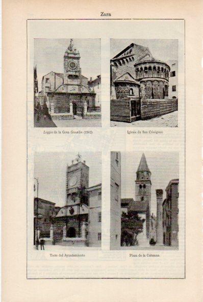 LAMINA ESPASA V51988: Iglesia de San Crisogeno, ayuntamiento y plaza de la Columna en Zara, Italia