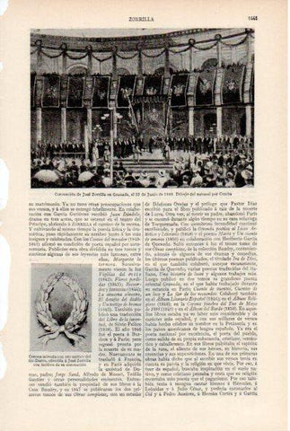 LAMINA ESPASA V52029: Coronacion de Jose Zorrilla en Granada por Comba