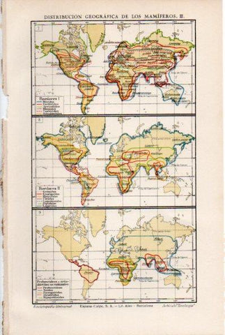 LAMINA ESPASA V52023: Distribucion geografica de los mamiferos mapas del mundo III