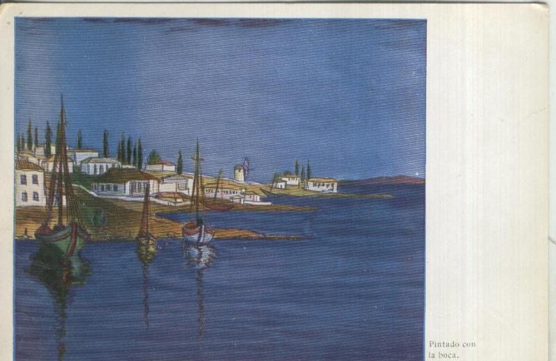 Postal: Puerto pesquero, original pintado con la boca por E.A.Stegmann