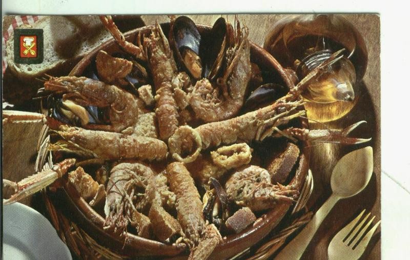 Postal: Platos tipicos: Zarzuela de pescados y mariscos
