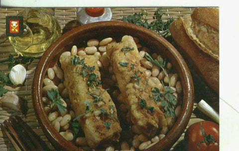 Postal: Platos tipicos: Bacalao con judias blancas en cazuela
