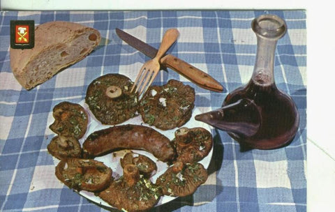 Postal: Platos tipicos: Butifarra con setas a la parrilla
