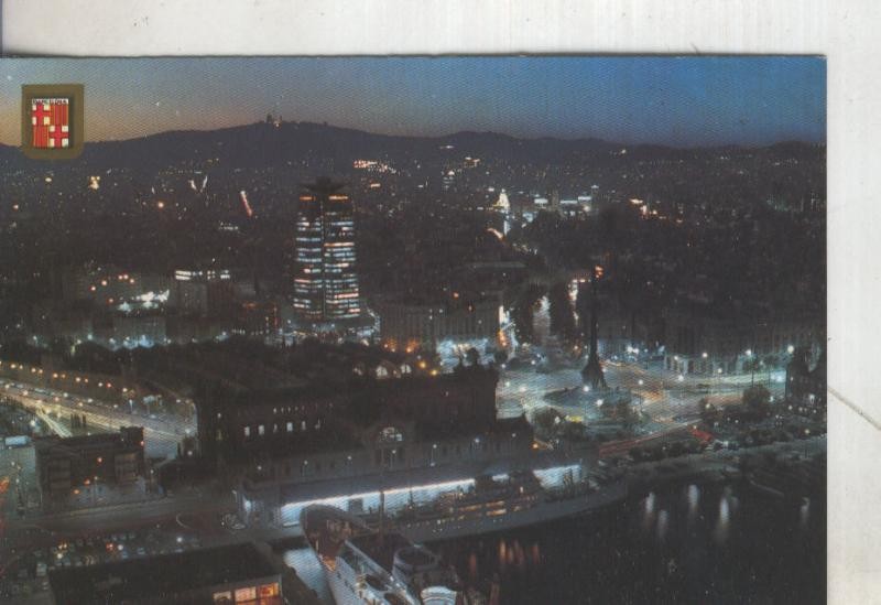 Postal 5411 : Vista nocturna de Barcelona con el puerto en primer plano