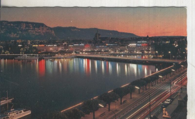 Postal 5445 : La rade et la ville de nuit de Geneve
