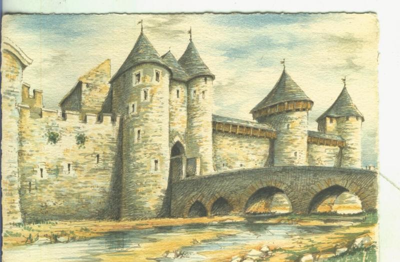 Postal 5525 : Pintura del castillo de Carcassonne-Francia