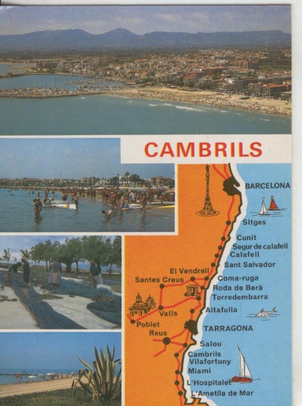 Postal 009974:  Vistas varias y plano costa de Cambrils en Tarragona