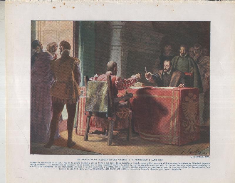 Historia de España lamina 013: El tratado de Madrid entre Carlos V y Francisco I (1526