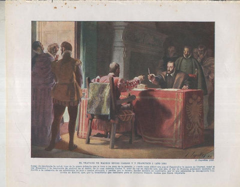 Historia de España lamina 013: El tratado de Madrid entre Carlos V y Francisco I (1526