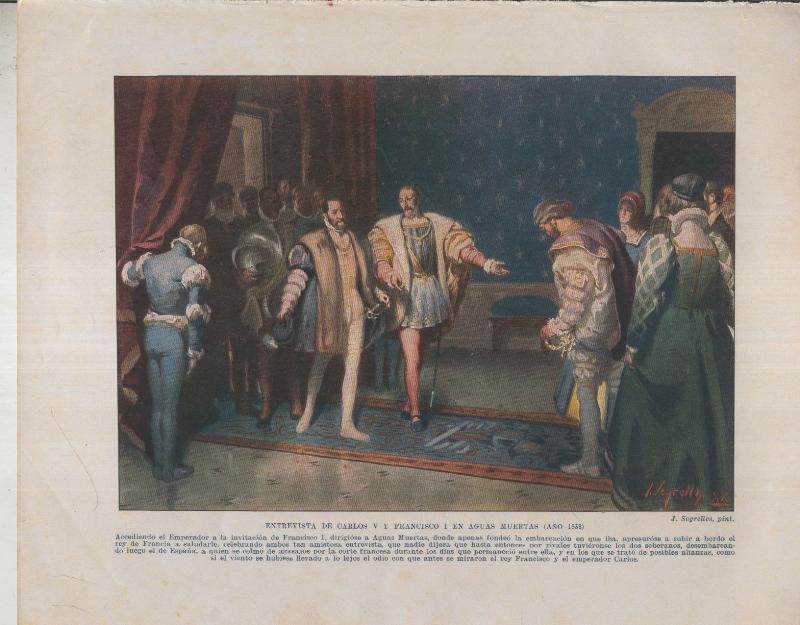 Historia de España lamina 018: Entrevista en Aguas Muertas de Carlos V y Francisco I (1538)