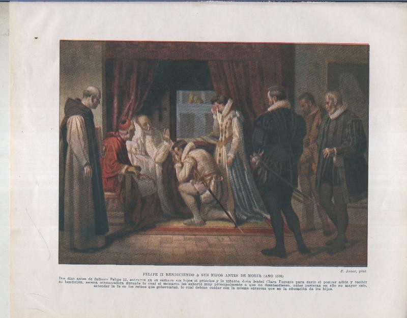 Historia de España lamina 027: Felipe II bendiciendo a sus hijos antes de morir (1598)