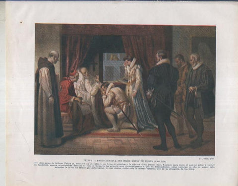 Historia de España lamina 027: Felipe II bendiciendo a sus hijos antes de morir (1598)