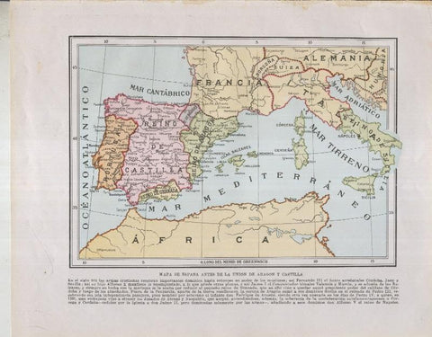 Historia de España lamina 029: Mapa de España antes de la union de Aragon y Castilla