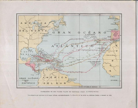 Historia de España lamina 030: Itinerarios de los cuatros viajes de Cristobal Colon al Nuevo Mundo