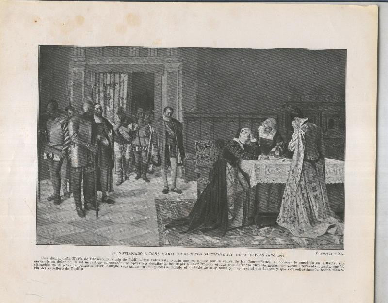Historia de España lamina 047: Es notificado a Doña Maria de Pacheco el fin de su esposo (1521)