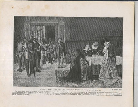 Historia de España lamina 047: Es notificado a Doña Maria de Pacheco el fin de su esposo (1521)