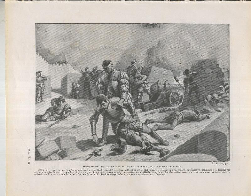 Historia de España lamina 049: Ignacio de Loyola es herido en la defensa de Pamplona (1521)